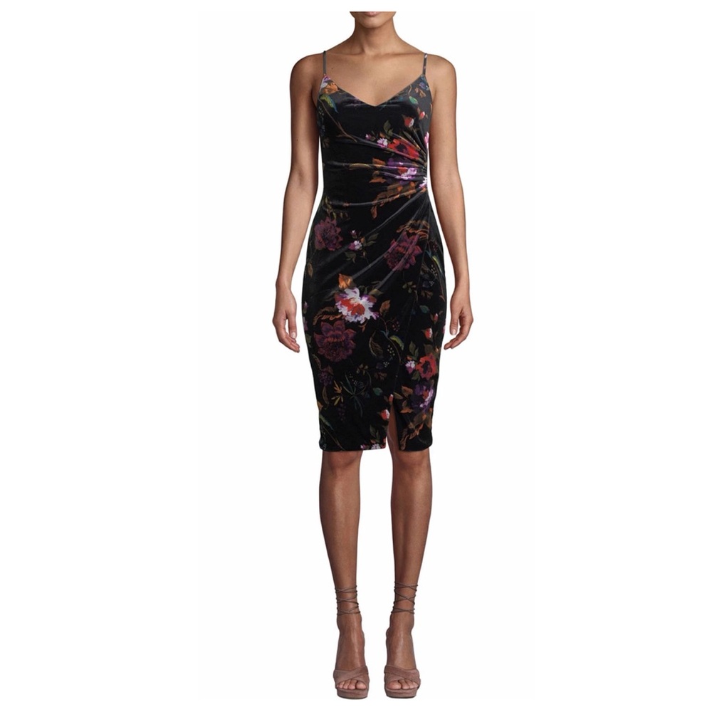 Black Halo Ruched Floral Velvet Dress